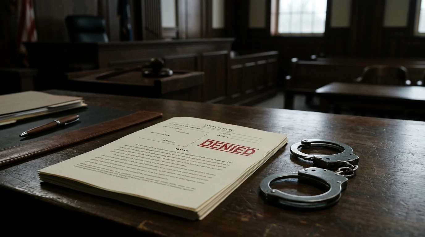 A legal document with a denied stamp next to silver handcuffs.