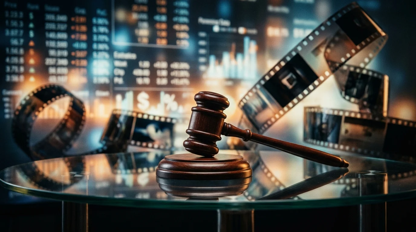 A conceptual legal gavel with financial data in the background.