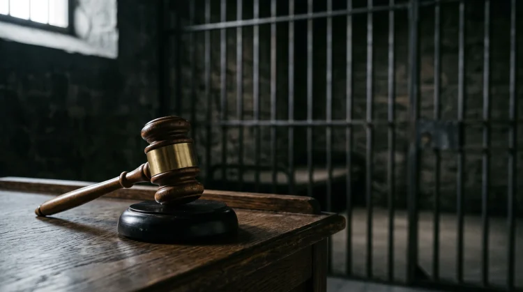 A gavel on a wooden desk next to out-of-focus jail bars in a dark room.