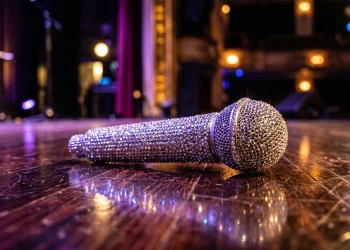 A sparkling microphone on a dance floor with stage lights.