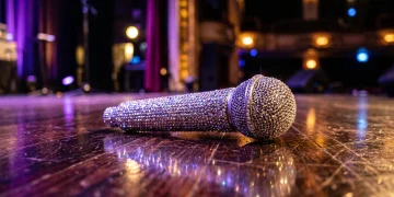 A sparkling microphone on a dance floor with stage lights.