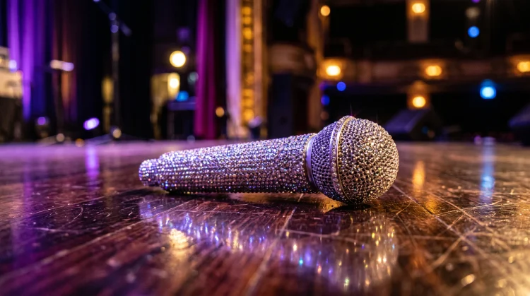 A sparkling microphone on a dance floor with stage lights.