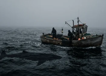 A small fishing boat on dark, foggy waters with a mysterious shape lurking beneath the surface.