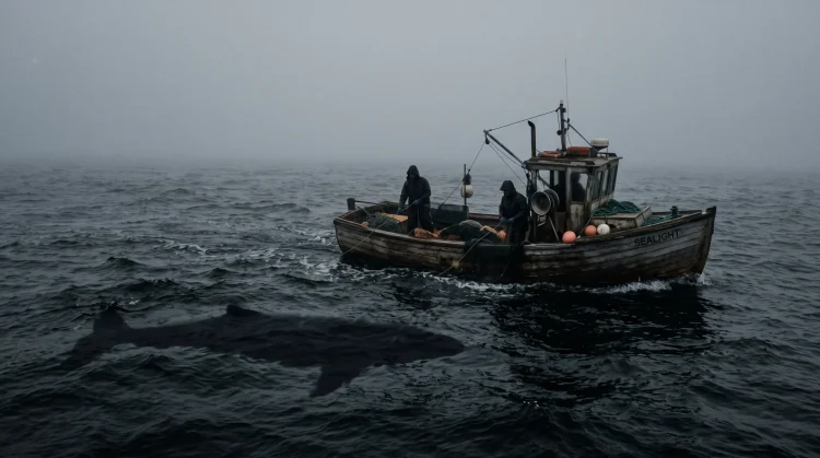 A small fishing boat on dark, foggy waters with a mysterious shape lurking beneath the surface.