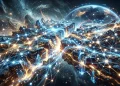 An abstract visualization of two large digital plates merging.
