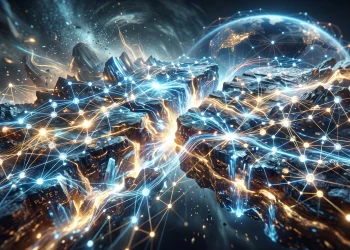 An abstract visualization of two large digital plates merging.