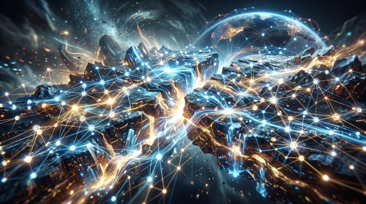 An abstract visualization of two large digital plates merging.