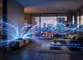 A conceptual visualization of a mesh Wi-Fi network inside a home with glowing digital data lines.