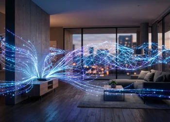A conceptual visualization of a mesh Wi-Fi network inside a home with glowing digital data lines.