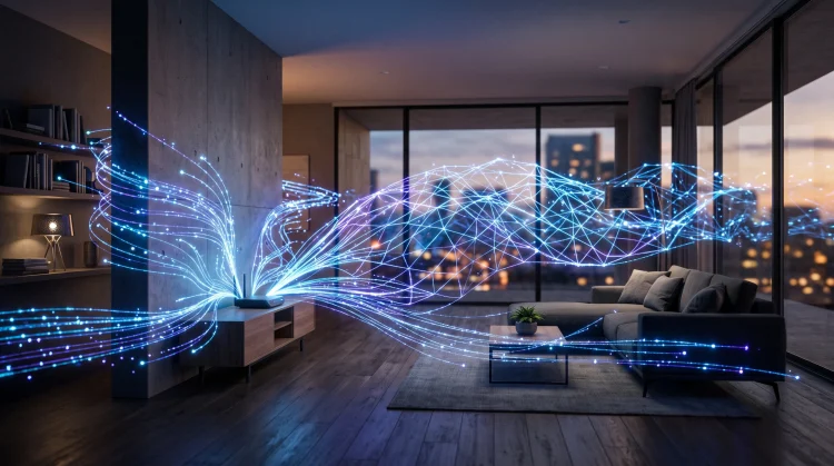 A conceptual visualization of a mesh Wi-Fi network inside a home with glowing digital data lines.