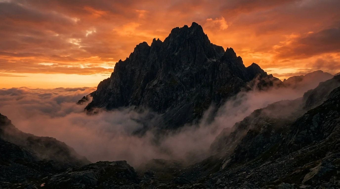 A dark mountain peak at sunset.