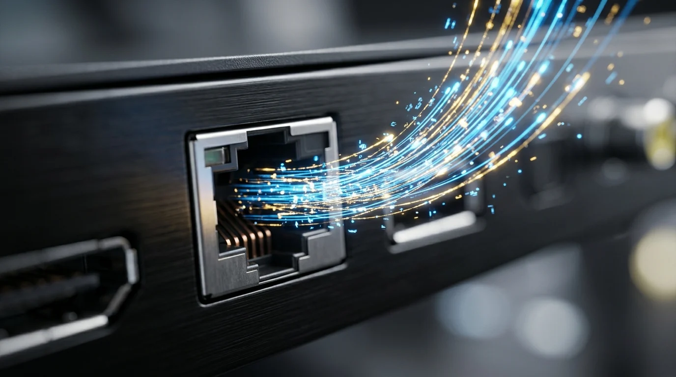 Abstract close-up of a high-speed networking port with digital light effects.