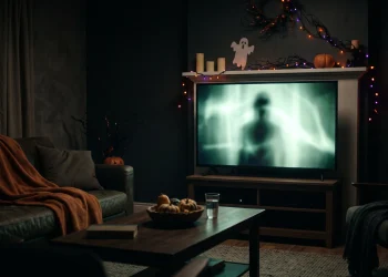 A conceptual image of a dark room with a glowing TV screen and a shadowy figure.
