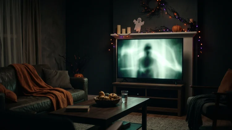 A conceptual image of a dark room with a glowing TV screen and a shadowy figure.