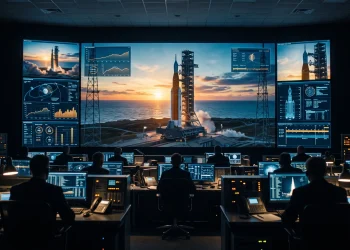 A conceptual mission control room showing a rocket ready for launch on a digital screen.