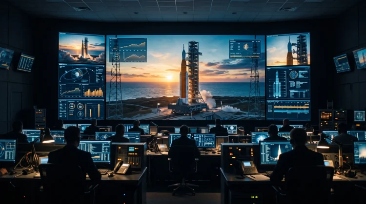 A conceptual mission control room showing a rocket ready for launch on a digital screen.