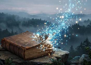 Conceptual art of a book turning into digital light against a misty forest background.