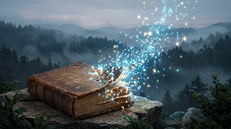 Conceptual art of a book turning into digital light against a misty forest background.