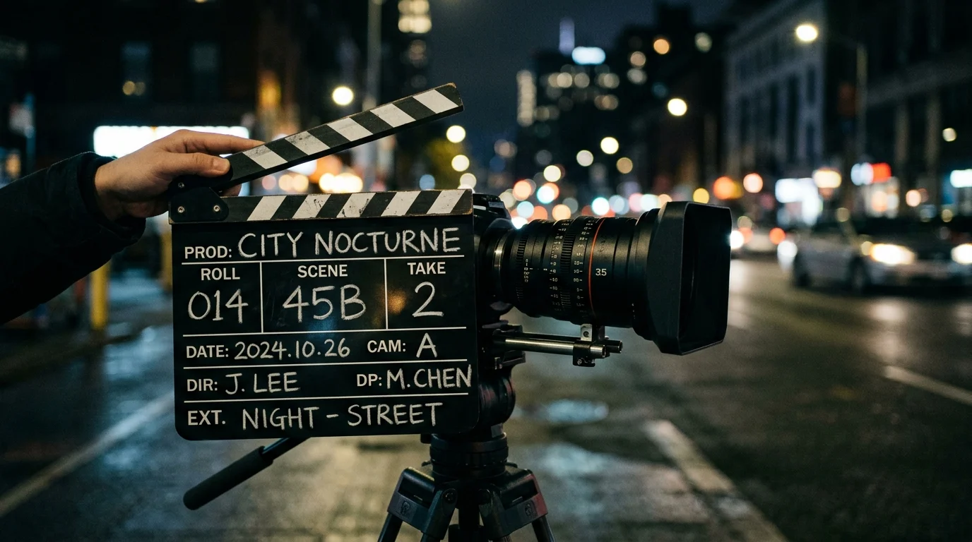 A professional film camera and slate on a movie set at night.