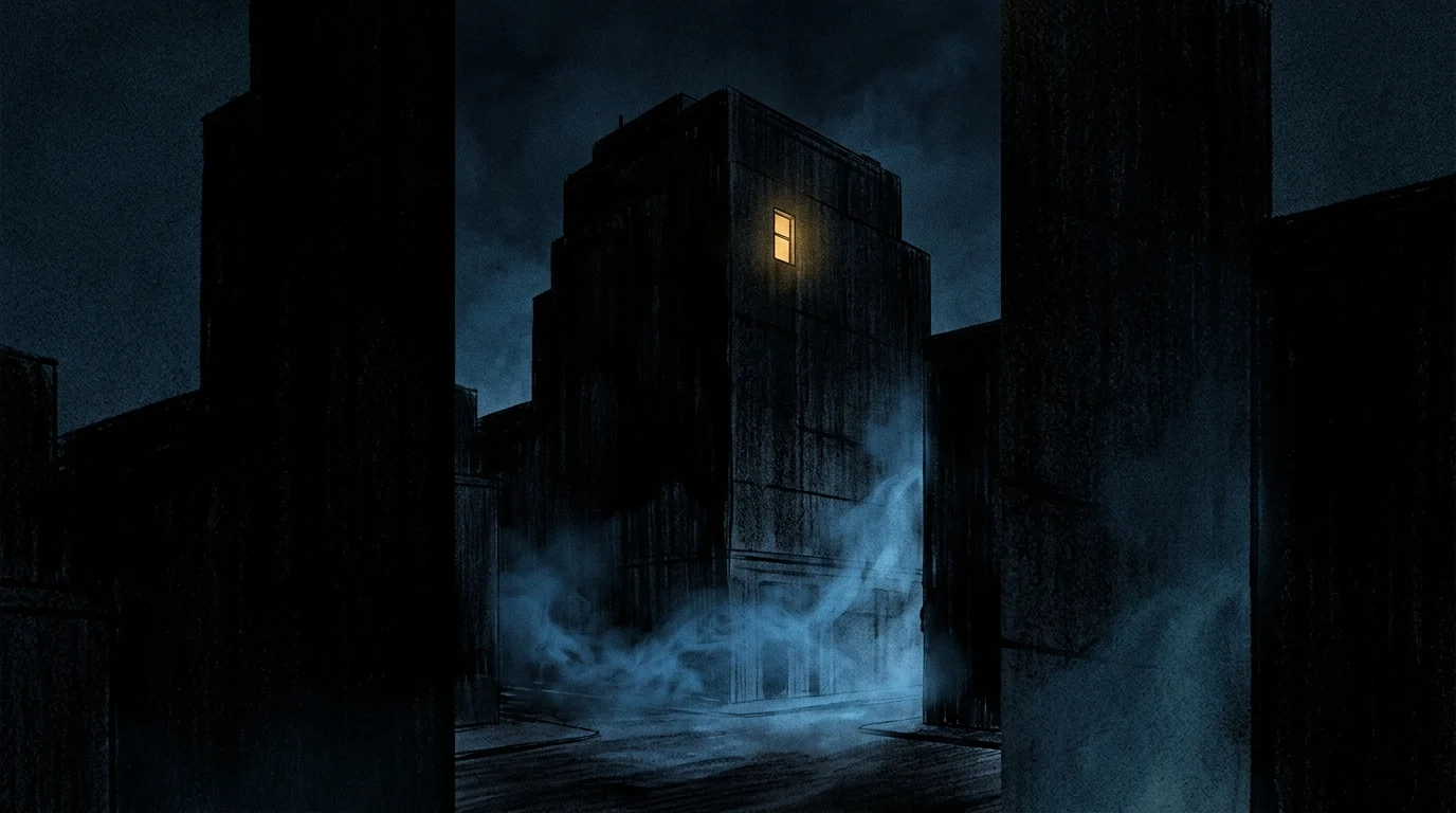 A single lit window in a dark city building at night.