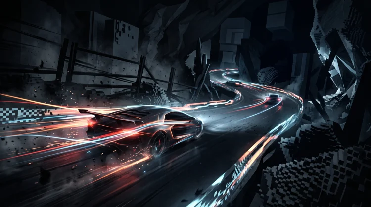 Conceptual abstract art representing various video game genres including racing and supernatural action.