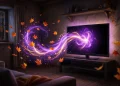 Conceptual art of a glowing screen with autumnal leaves and mystical energy.