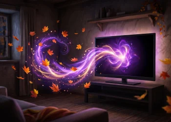 Conceptual art of a glowing screen with autumnal leaves and mystical energy.