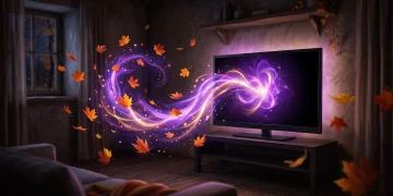 Conceptual art of a glowing screen with autumnal leaves and mystical energy.