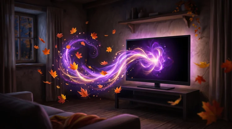 Conceptual art of a glowing screen with autumnal leaves and mystical energy.