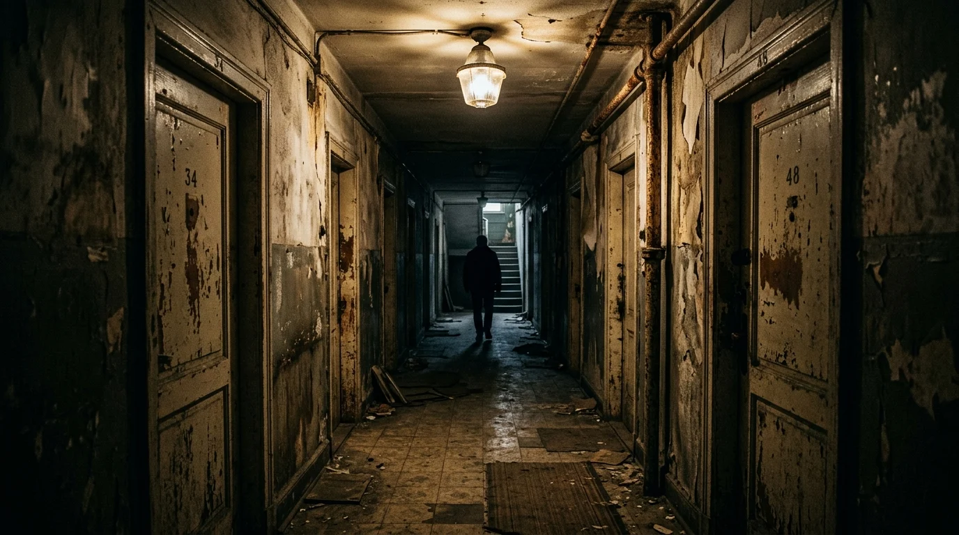 A dark apartment hallway with flickering lights.