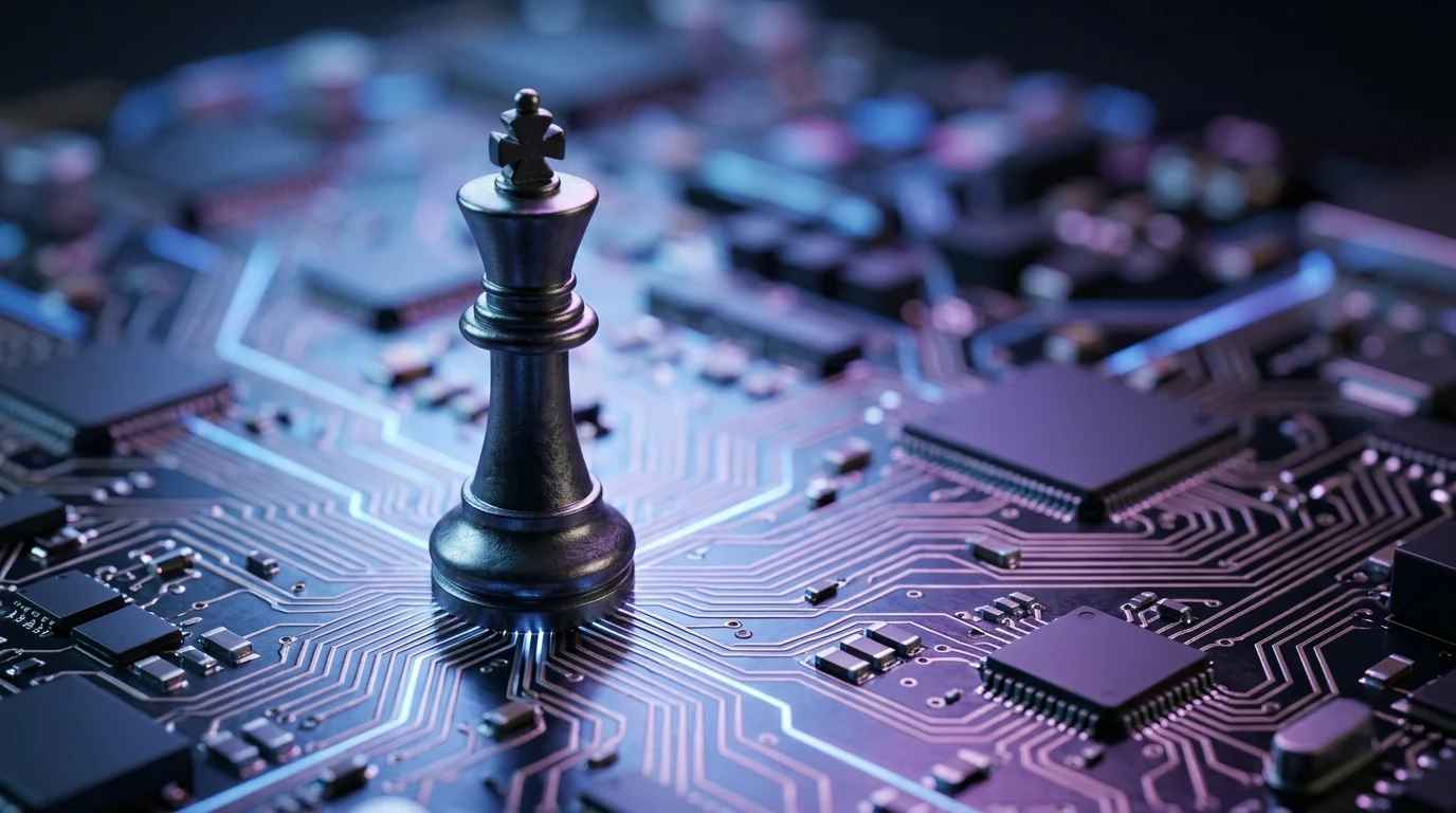 Abstract art of a chess piece on a circuit board with blue and purple lights.