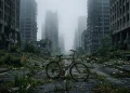 A desolate urban street with overgrown vegetation and a rusted bicycle in a post-apocalyptic setting.