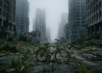 A desolate urban street with overgrown vegetation and a rusted bicycle in a post-apocalyptic setting.