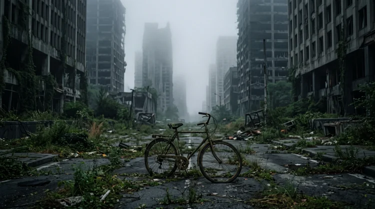 A desolate urban street with overgrown vegetation and a rusted bicycle in a post-apocalyptic setting.