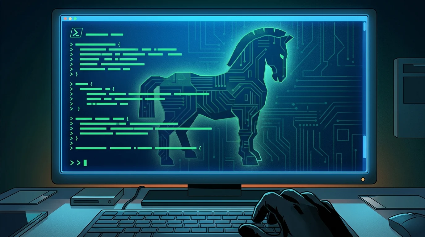 Abstract visualization of malicious command execution on a computer screen.