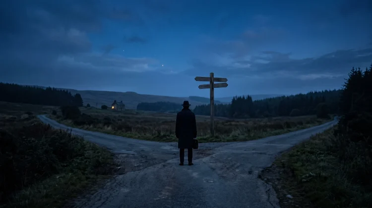 A conceptual cinematic image of a figure at a crossroads under blue lighting.