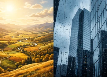 A conceptual split image representing a classic rural landscape and a modern metropolitan setting.