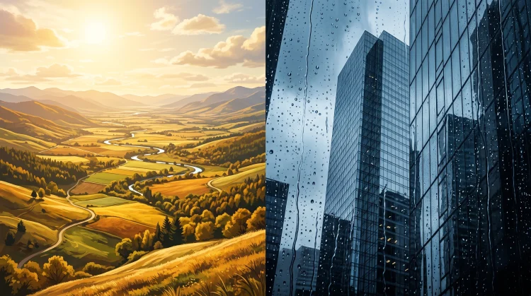 A conceptual split image representing a classic rural landscape and a modern metropolitan setting.