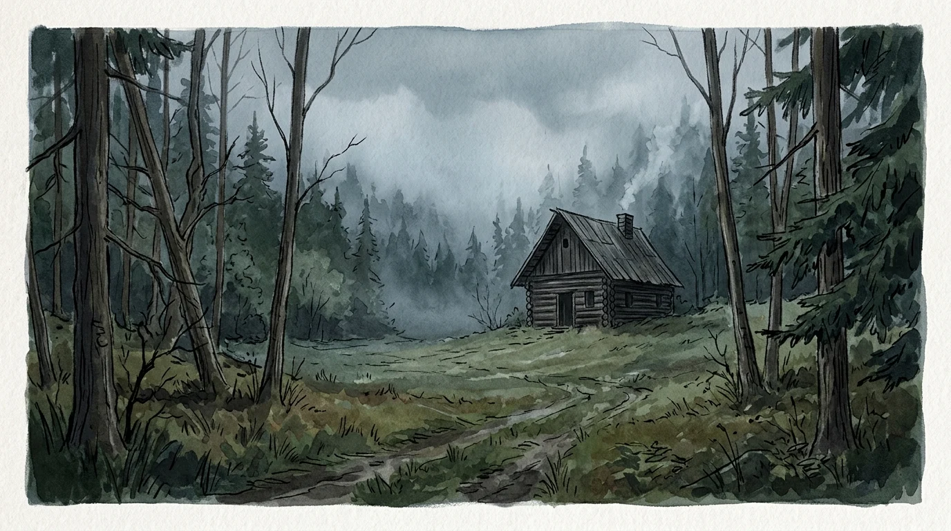 A secluded wooden cabin in a misty forest.
