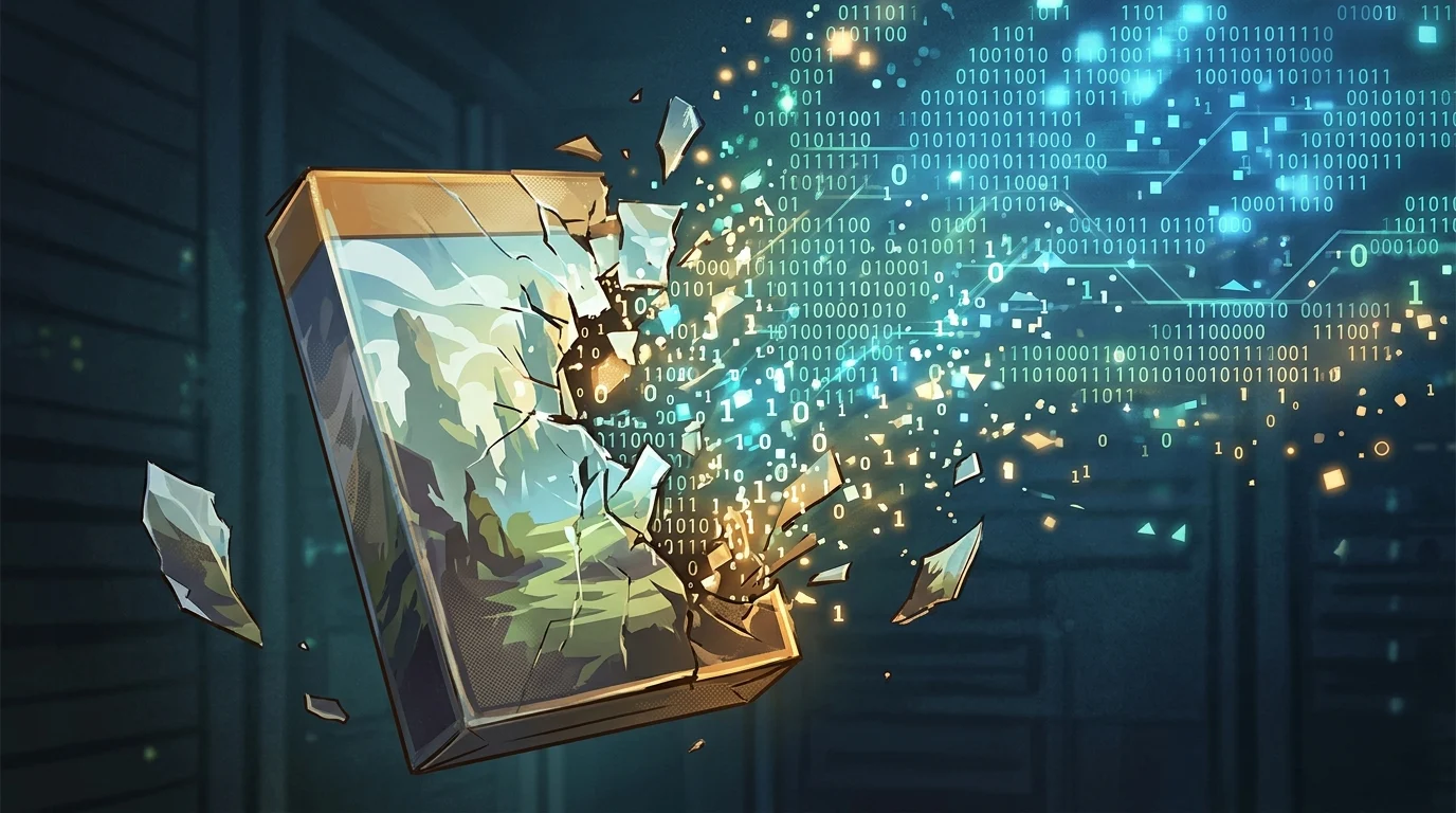 A conceptual visualization of a game case turning into digital data.