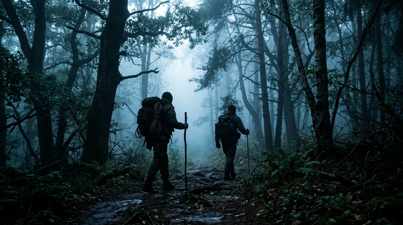 Silhouetted figures in a foggy forest.