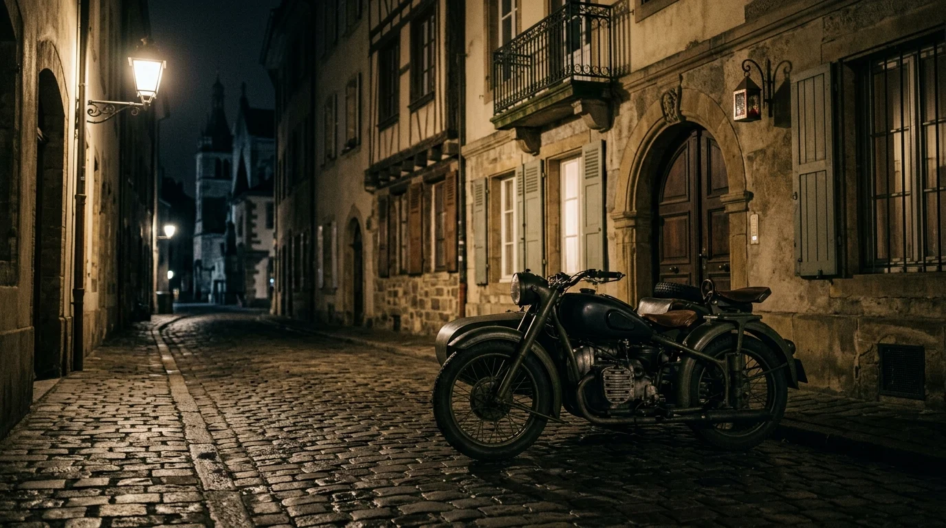 A classic motorcycle with a sidecar on a wet cobblestone street at night.