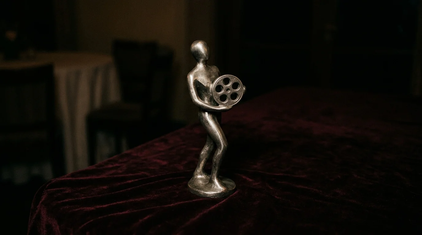 Abstract representation of a silver cinematic award in soft lighting.