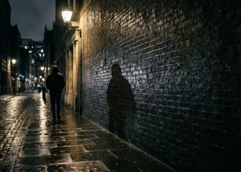 A conceptual atmospheric shot of a shadowy London alleyway.