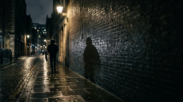 A conceptual atmospheric shot of a shadowy London alleyway.
