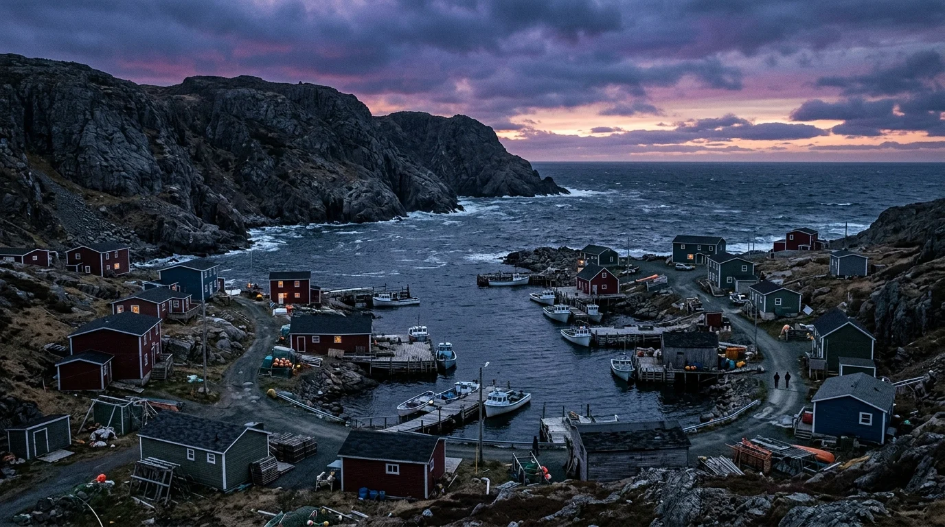 A remote coastal town in Newfoundland at twilight.