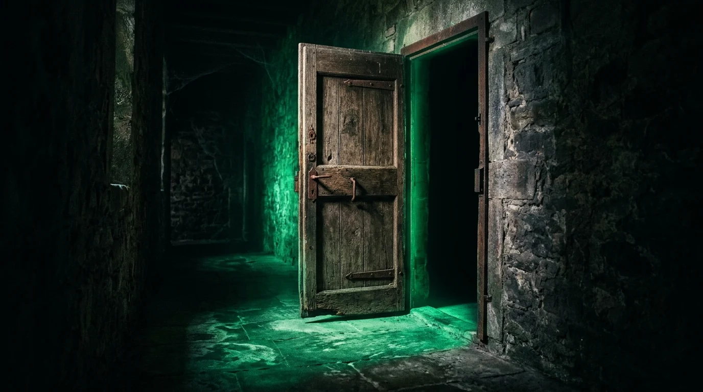 Spooky conceptual doorway with green light for Halloween season.