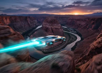 A futuristic hover vehicle racing through a desert canyon at high speed.