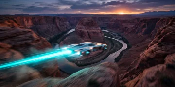 A futuristic hover vehicle racing through a desert canyon at high speed.