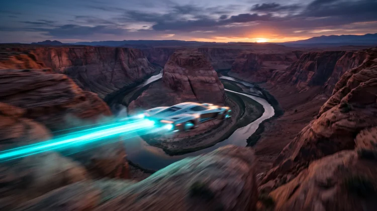 A futuristic hover vehicle racing through a desert canyon at high speed.